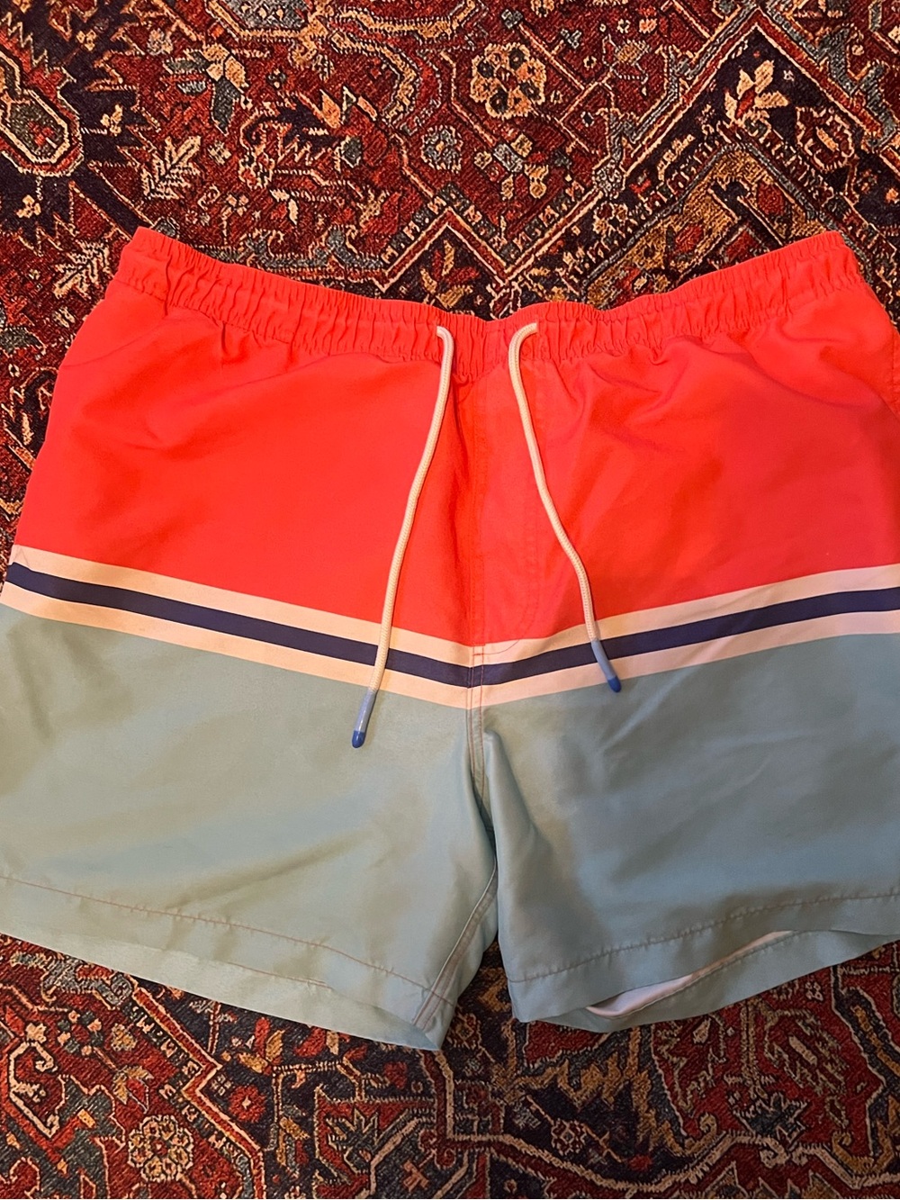 Southern Tide Coral & Light Blue Stripe Swim Trunks